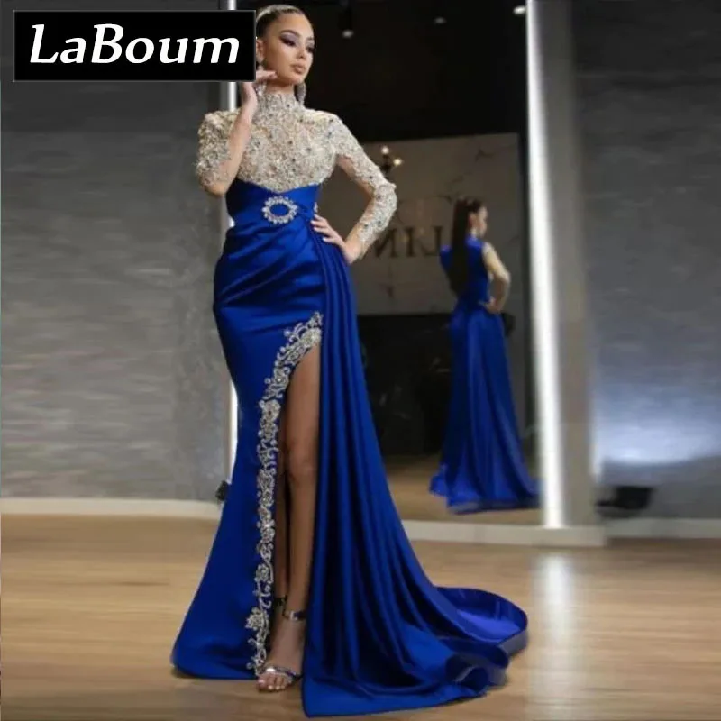 

LaBoum Women Prom Dresses Halter Appliques Beaded Mermaid Split Long Sleeve Formal Cocktail Evening Party Gowns vestidos de gala