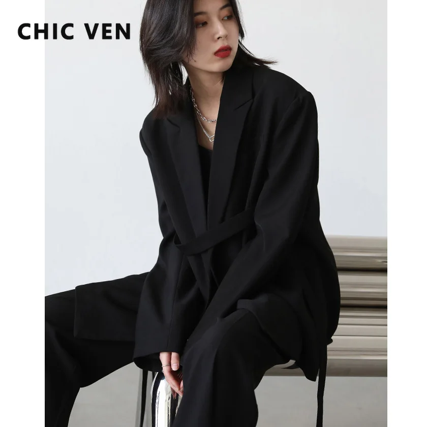 

CHIC VEN Women Blazer Black Ribbon Women's Medium Long Coat Loose Female Pant Suits Office Lady Business Tops Spring Autumn 2022