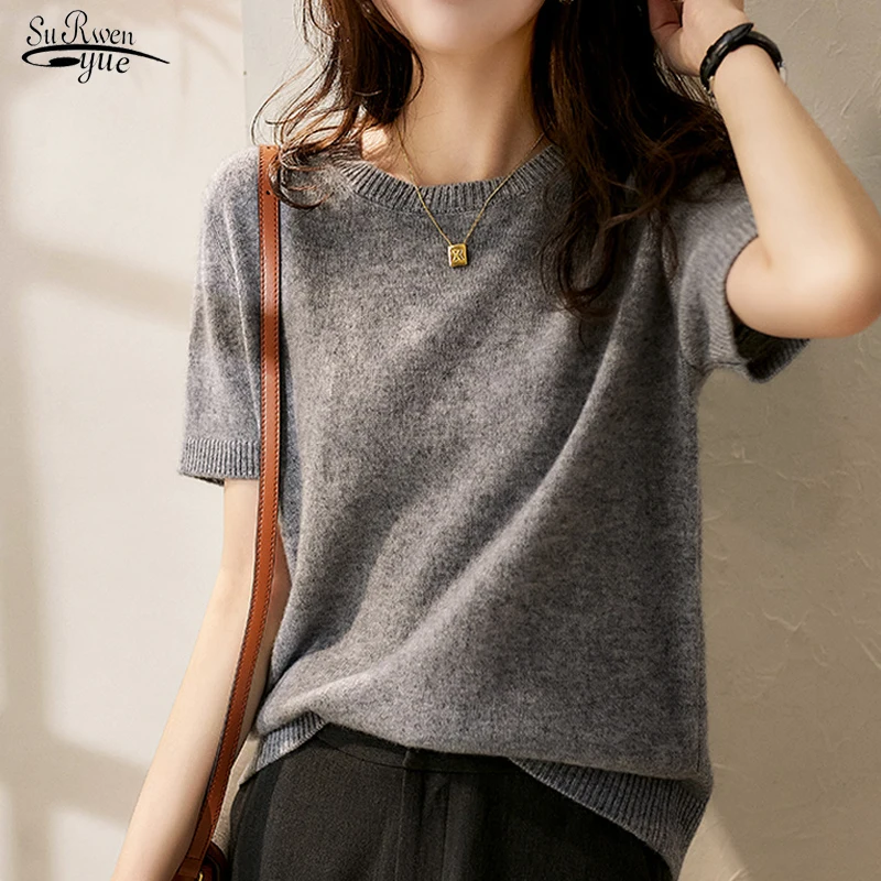 

Женская футболка с коротким рукавом и круглым вырезом, облегающий пуловер из 100%-ной шерсти, трикотажный базовый свитер ярких цветов, весна-л...