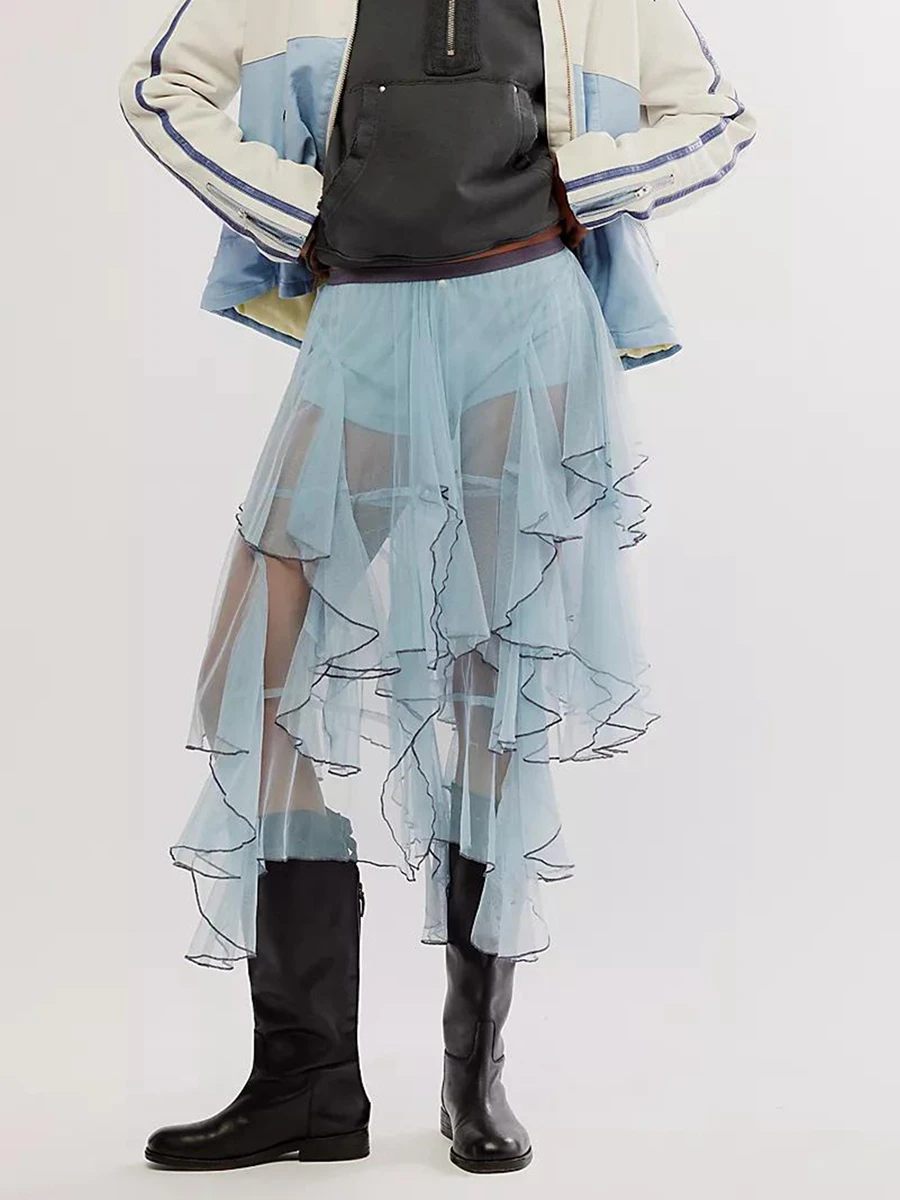 Новая женская прозрачная Тюлевая юбка повседневная Летняя асимметричная