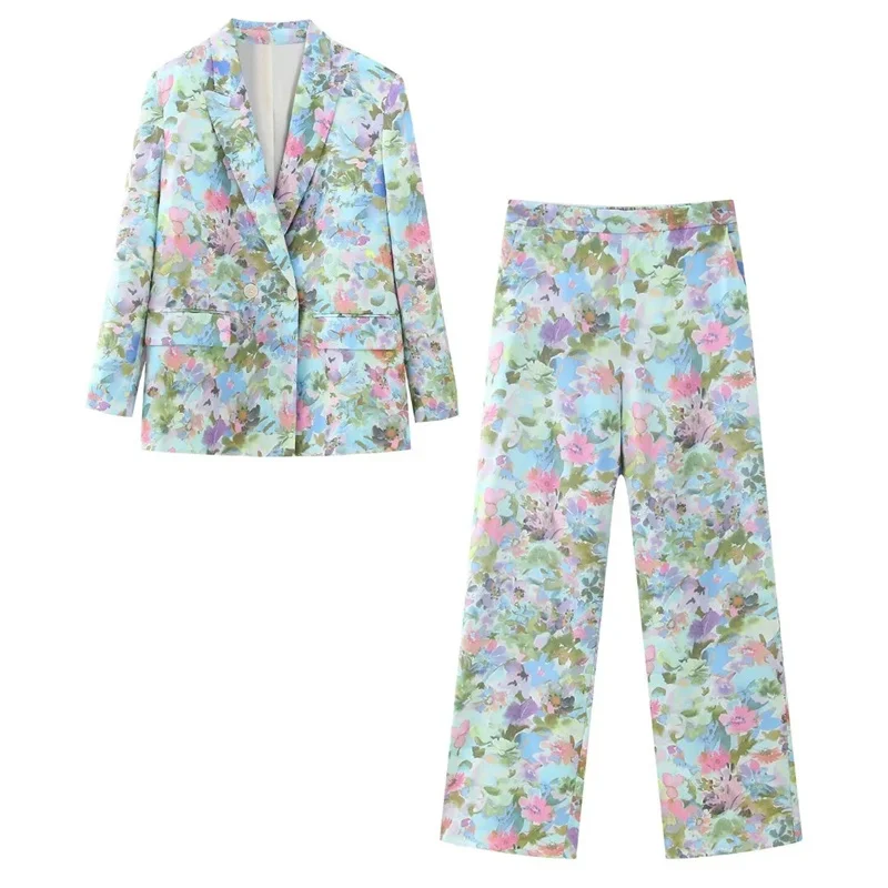 

Fashion Flower Printing Suit Two-piece Sets Casual Notched Collar Print Blazers Jacket + High Waist Trousers Spring Female Sets