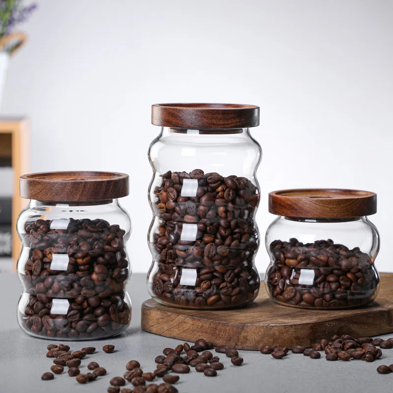 

Modern Acacia Wood Cover Glass Jar Transparent Sealed Bottle Coffee Bean Food Jar Storage Box Tea Pot Glass Container Decoration