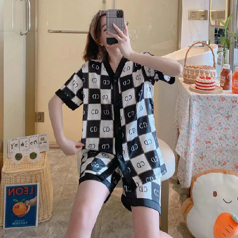 Spring Summer Ladies Faux Silk Polyester Pajama Sets Nightgown Homewear Women's Nightwear Suit Casual Luxury Pajamas for Woman