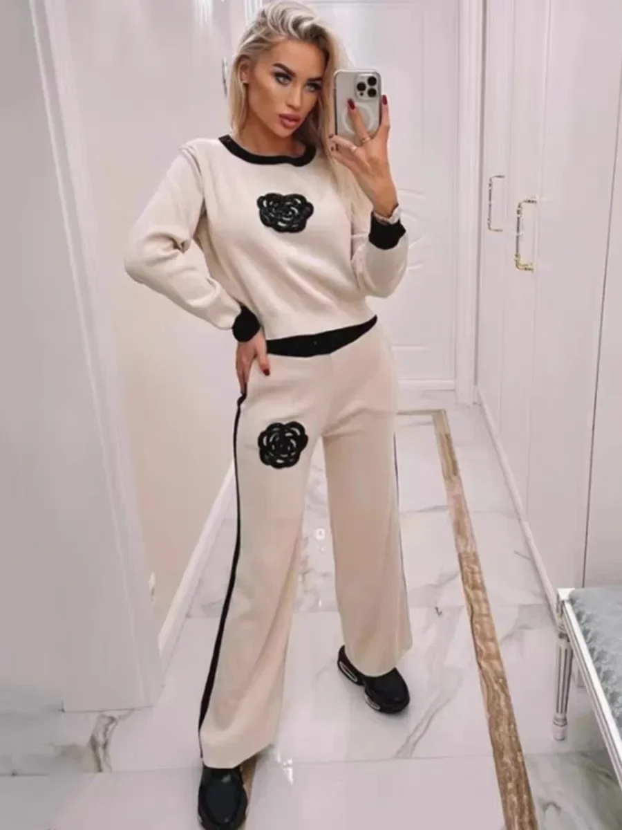 Женский вязаный комплект из двух предметов пуловер с круглым вырезом и длинными