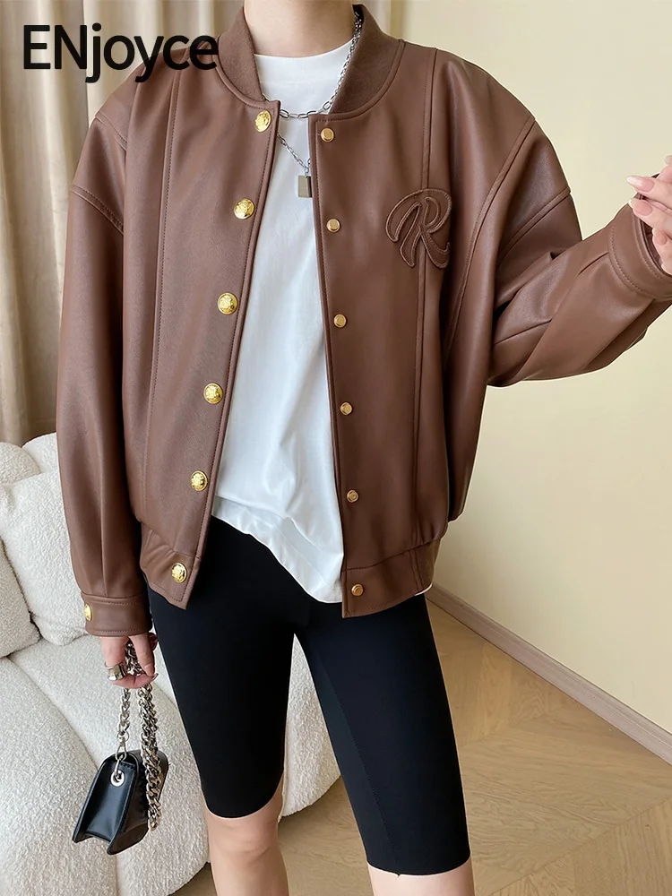 

Женская бейсбольная куртка ENjoyce, куртка из искусственной кожи в американском уличном стиле, мотоциклетная уличная спортивная одежда, осень 2023