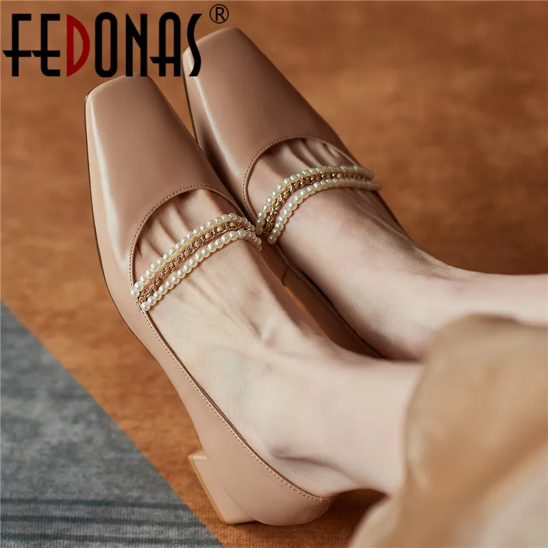 

FEDONAS Elegant Concise New Women Pumps Spring Summer String Bead Mary Janes Genuine Leather High Heels Square Toe Shoes Woman