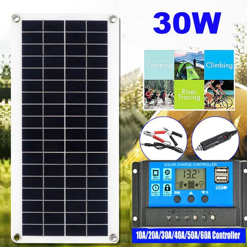 

30W Flexible Solar Panel Solar Cells For Car RV Boat Home Roof Van Camping Solar Battery, 10A Solar Controller Module
