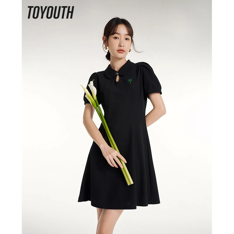 

Toyouth Women Dress 2023 Summer Puff Sleeves Polo Neck A-shape Droplet Shaped Hollow Out Chinese Style Chic Midi Skirt