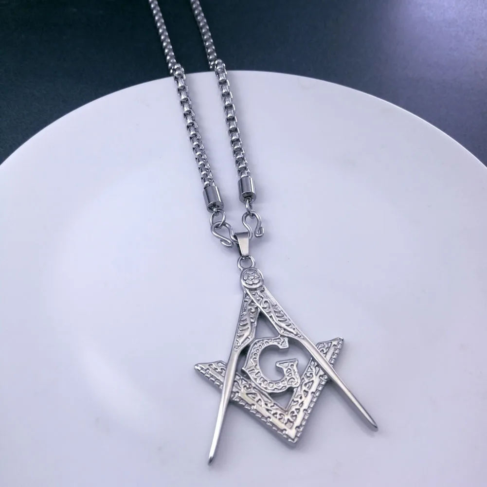 

Ahappy Men women stainless steel Freemasonry Masonic Mason Pendant Necklace; chain width 4mm-6mm;Pendant size: 3.8 x 5cm