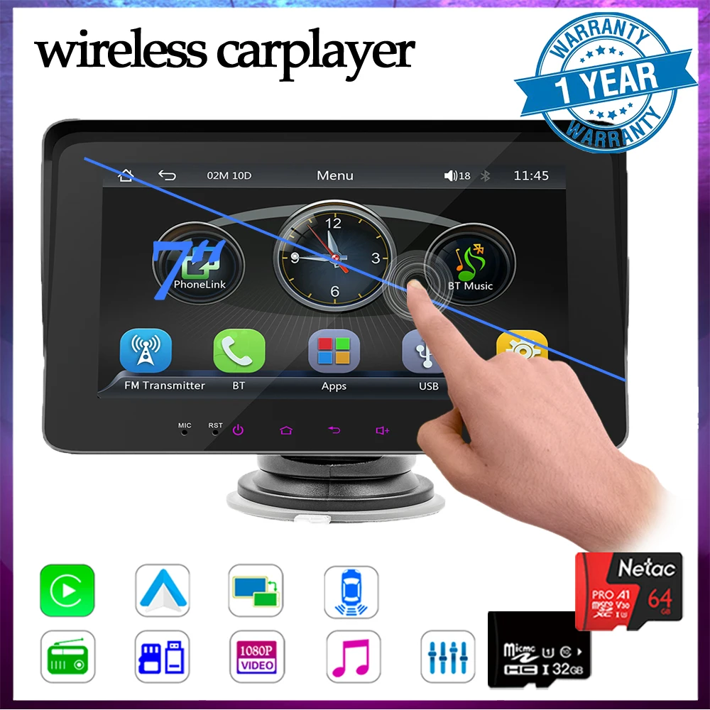 

Портативный монитор 7 дюймов, автомобильный мультимедийный стерео-приемник BT с сенсорным экраном, беспроводной плеер для Carplay, Android, автомобильный проигрыватель Airplay, автомобильный MP5-плеер