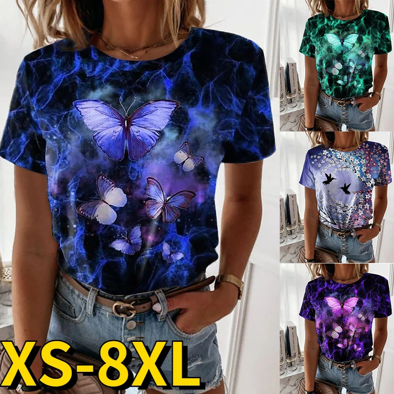 

2022 Summer Butterfly Pattern T-shirt Fashion Tops Women 3D Print Short Sleeve Round Collar Loose Pullover Women's Clothing Size