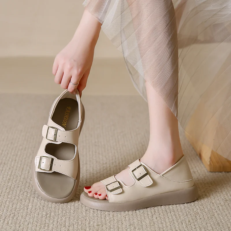 

2023 Women Genuine Leather Sandals Round Toe Flat Platform Slippers Ladies Summer Slides Fashion Buckle Beach Shoes Beige