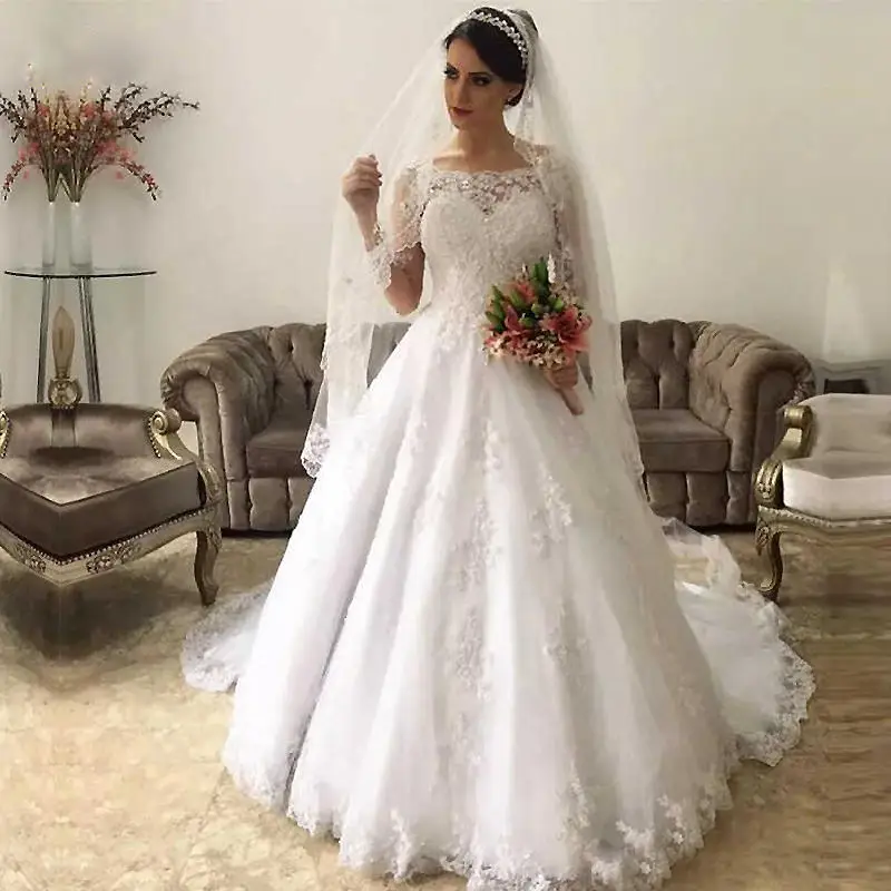 

Pretty Off the Shoulder Vestido De Noiva Sweep Train Elegant Lace Appliques Wedding Dress Long Sleeve Beaded Bridal Gowns