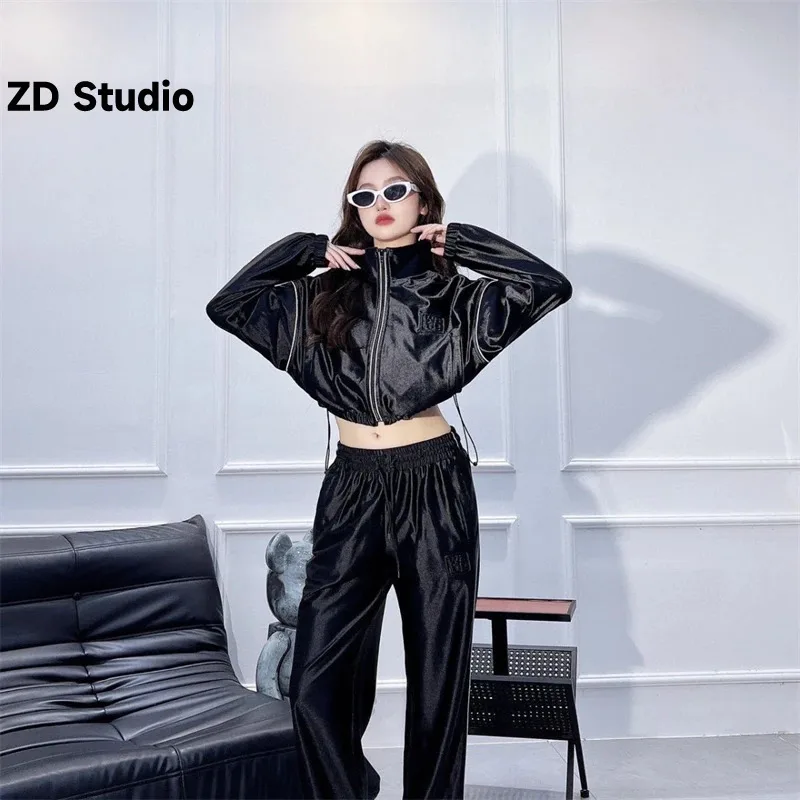 

[ZD Studio] Standing Neck Long Sleeve Short Coat Elastic High Waist Fake Two Piece Wide Leg Pants Reflective Sports Casual Set