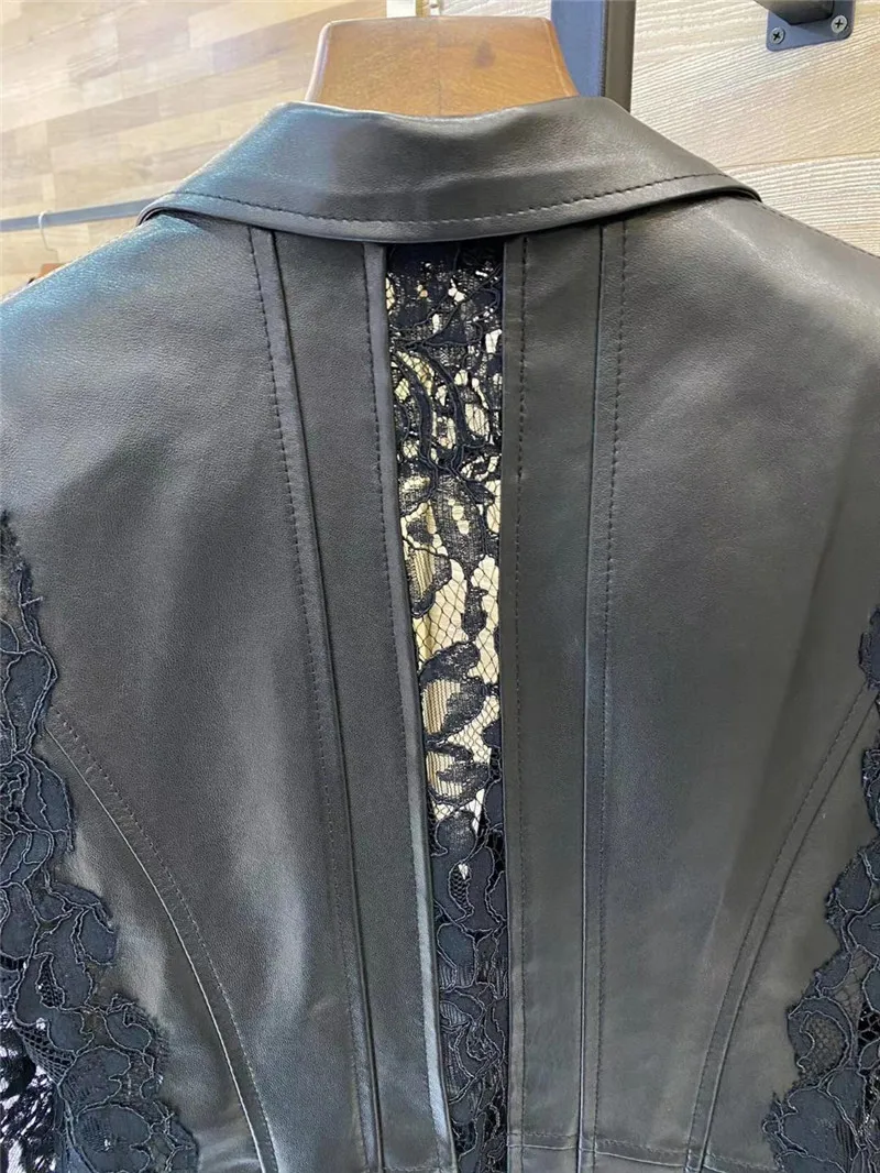 New Lady Autumn Fashion brand Leather Jacket Lace Patchwork Long Sleeve V-neck Short Outwear Sheepskin jacket