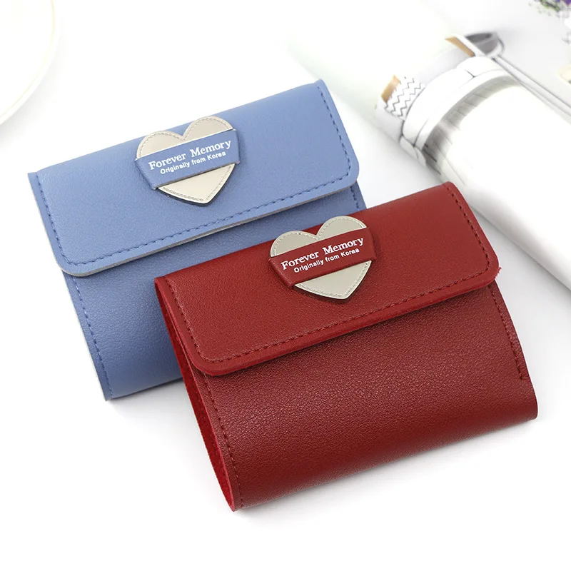 Ladies Wallet Trend Fashion Short Card Holder Leather Solid Color Heart-Shaped Coin Purse Card Holder Coin Clutch Wholesale