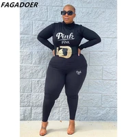 fagadoer plus size pink letter print tracksuits xl 5xl women half high collar long sleeve top skinny pants two piece outfits