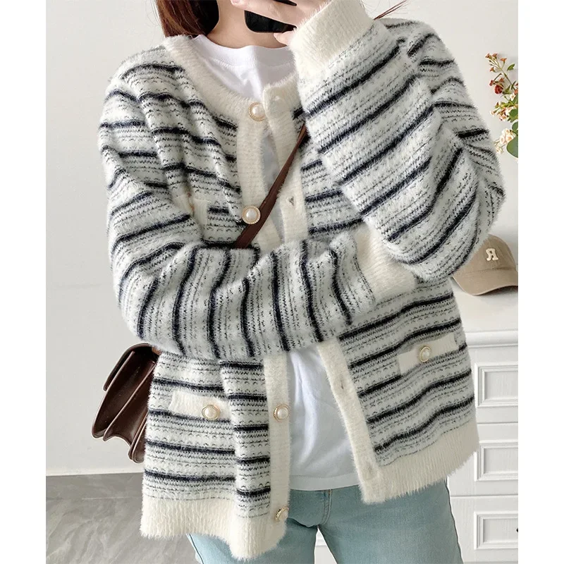

Imitation Mink Velvet Cardigan for Women 2023 Autumn Winter Vintage Stripe Knitted Cardigan Sweater Thicken Warm Coat Outwear