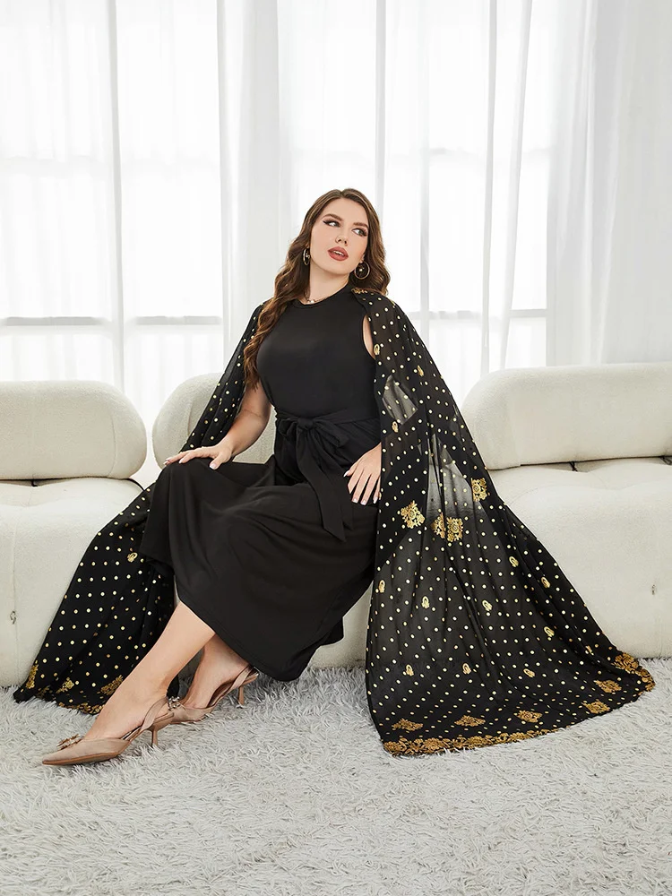 Plus Size Dresses 2023 New Women Fashion Stitching Black Round Neck Elegant Dresses Large Casual Lady Solid Colour Lacing Dress