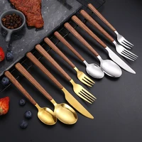 flat long wooden handle stainless steel cutlery gold silver western tableware knife fork spoon teaspoon utensils for kitchen