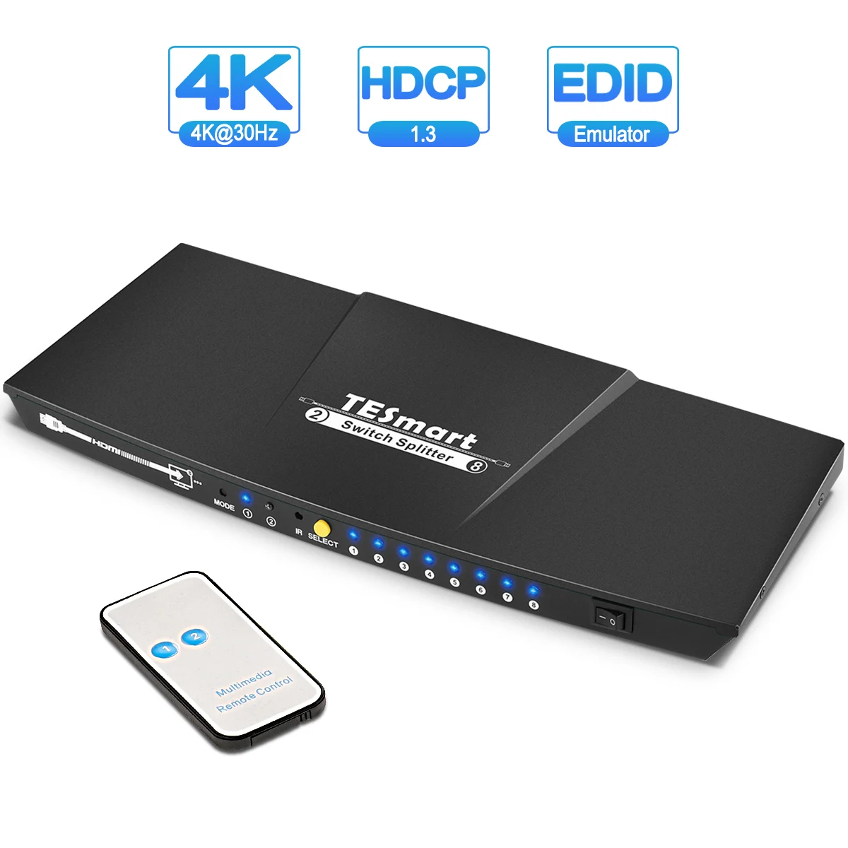 TESmart 2 in 8 out HDMI Switch Splitter 2x8 with IR Remote Ver1.4 Dual Display Resolution up to 4K(3840*2160) 1080P 3D