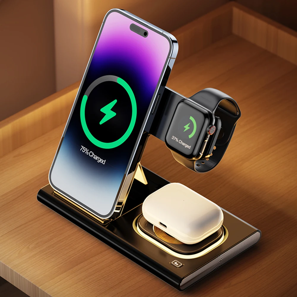 

3 in 1 Wireless Charging Station 30W Foldable Double Coil Portable Wireless Charger Stand For iPhone 14 13 Apple Watch Airpods