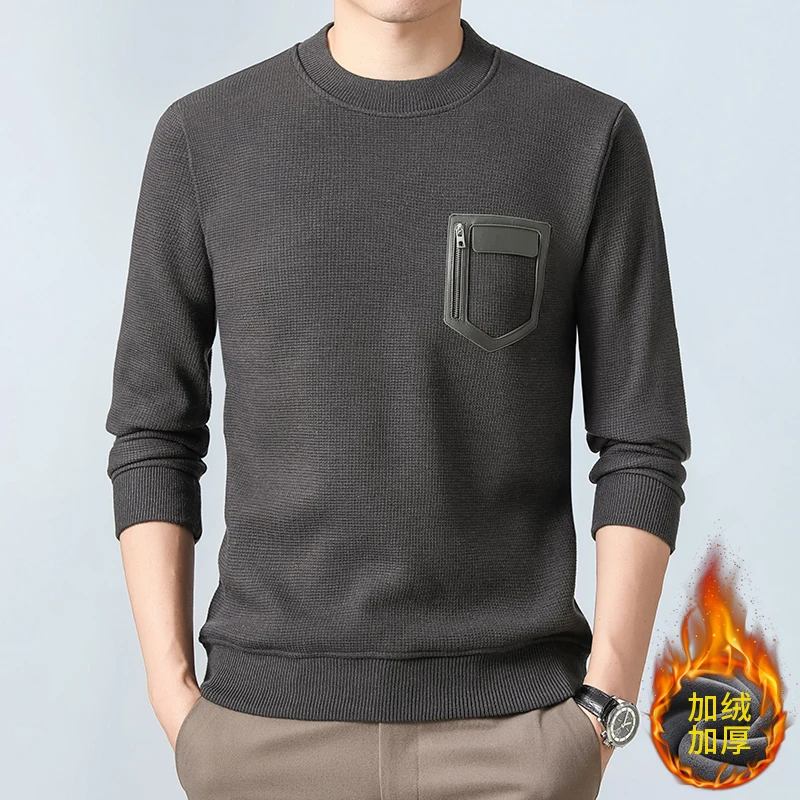 

2023 модный свитер на молнии с кожаным швом мужская осенне-зимняя утепленная плюшевая футболка с круглым вырезом пуловер