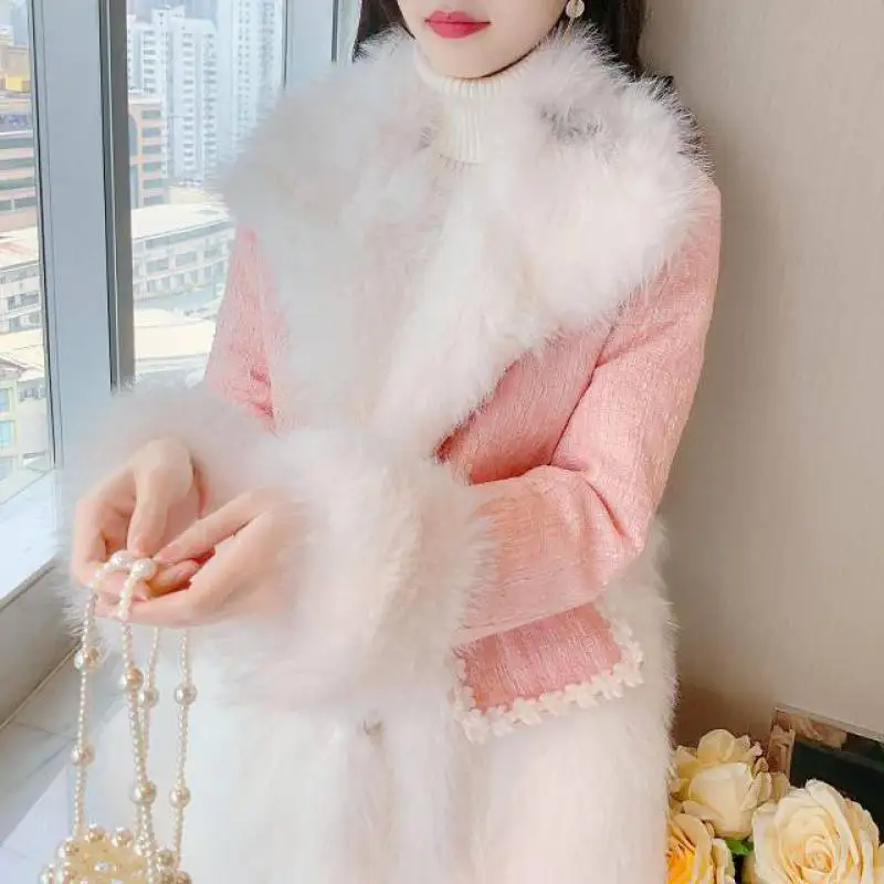 2022 Winter New Women Plush Coat High-end High-end Tweed Stitching Faux Fur Coat Casual Loose Fleece Warm Top Female Clothing