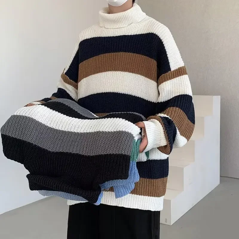 Зимний стиль полосатый свитер-поло/черепаха мужской осенне-зимний модный