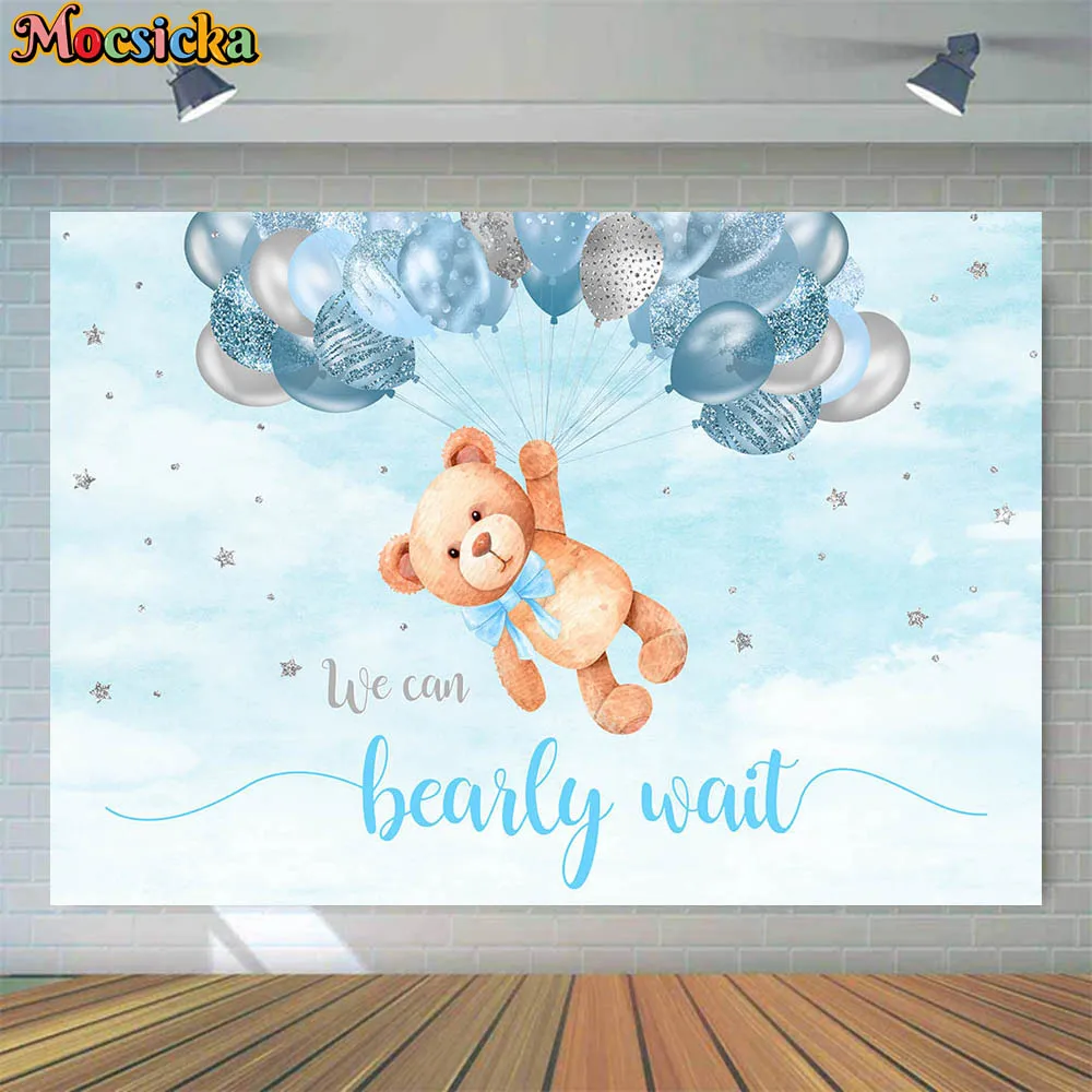 

Mocsicka We Can Bearly Wait Newborn Welcome Party Background Decor Boy Baby Shower Backdrop Bear Blue Balloon Studio Shoot Props