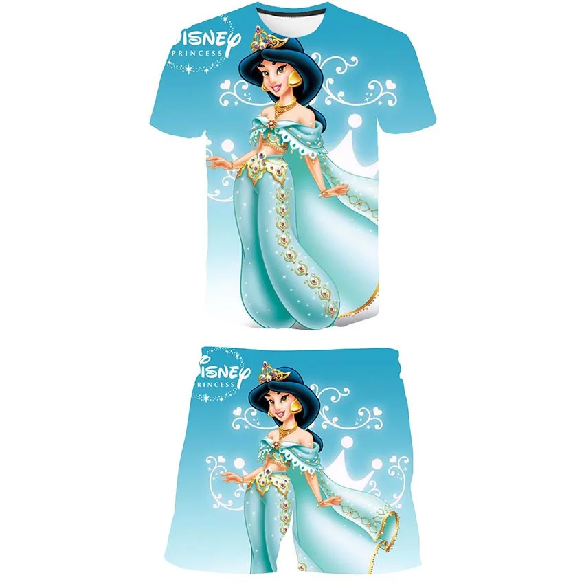 

Модные летние футболки и шорты Disney Jasmine набор одежды принцессы 2023, одежда из 2 предметов для девочек, спортивная одежда