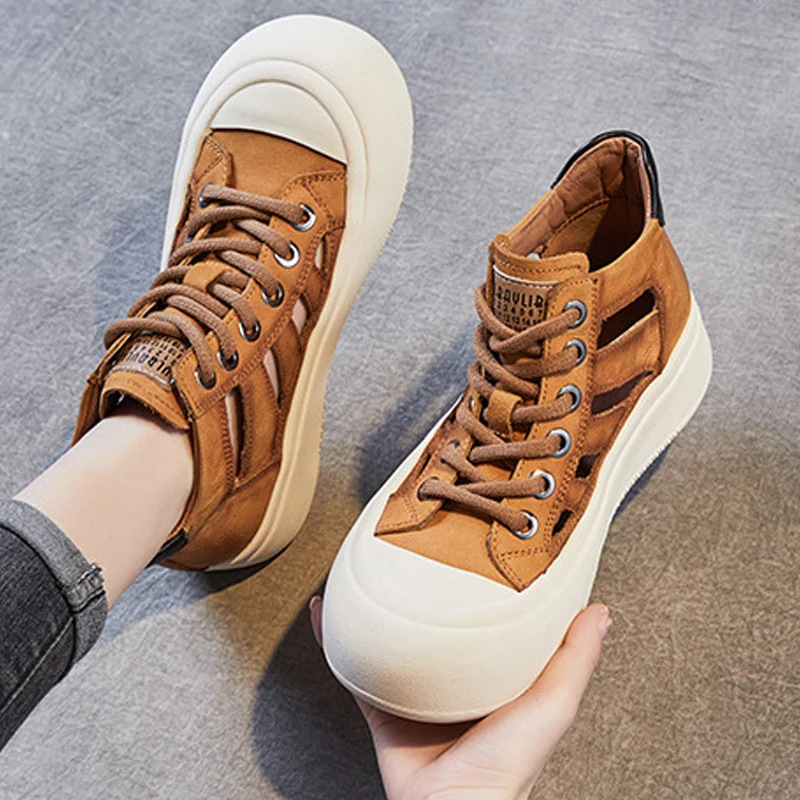 Thick Soled Women Sneakers Genuine Leather Breathable Shoes Summer Fashion Hollow Handmade Comfortable Roman Platform Sandals