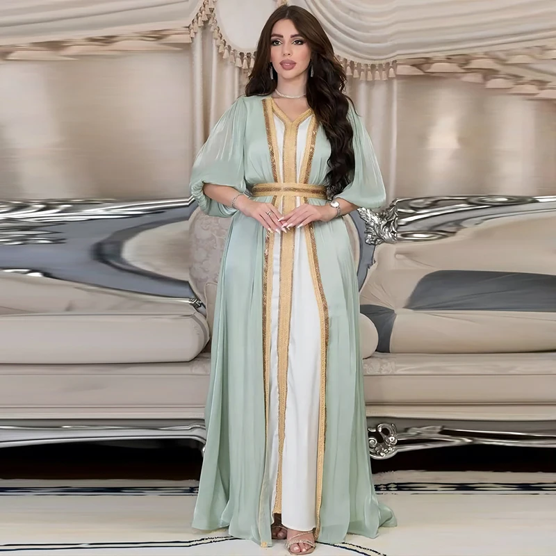 Satin Dress Muslim 2 Piece Abaya For Women Front Open With Belt Diamonds Sequins Inner Ramadan Moroccan Abaya Dubai Turkey Islam