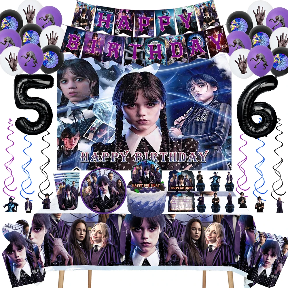 

Movie Wednesday Addams Birthday Party Decorations Disposable Paper Cup Plate Banner Balloon Backdrop Kids Shower Party Supplies