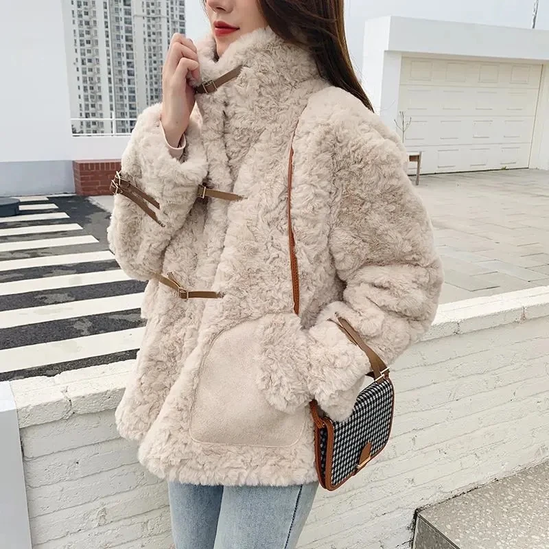 sky blue korean Winter Women Elegant Solid Faux Rabbit Fur Coats Female Soft Blue Warm Mink Fur Jackts Korean Fashion Outerwears