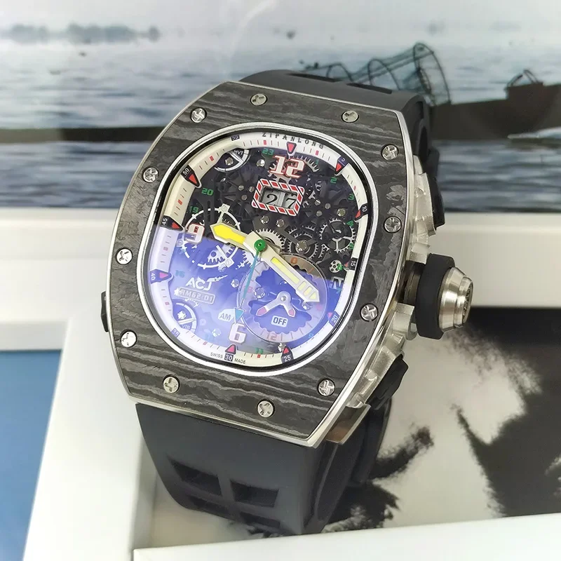 

Часы наручные мужские с большим циферблатом, водонепроницаемые, полностью автоматические часы из углеродного волокна, механические часы с вырезами