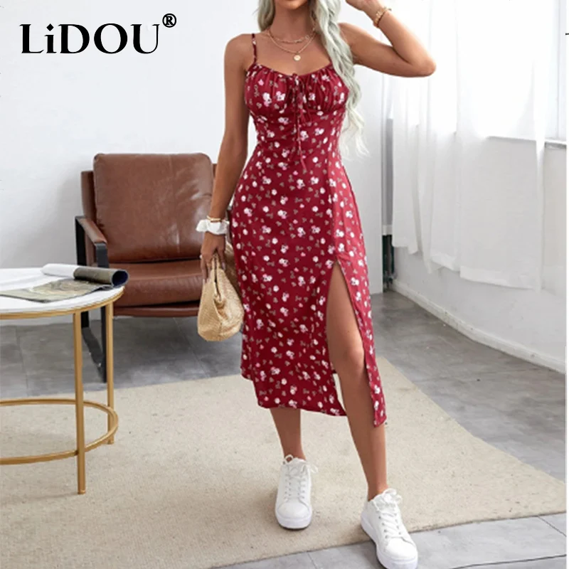 

Summer 2022 Sexy Retro Floral Printed Lace Up Tunic Slit Slim Dress Elegant Beach Holiday Slip Dresses Vestidos De Mujer Casual