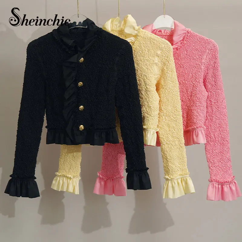 

korean fashion autumn winter jacket women 2022 elegant ruffles short chaqueta mujer pink black manteau femme hiver