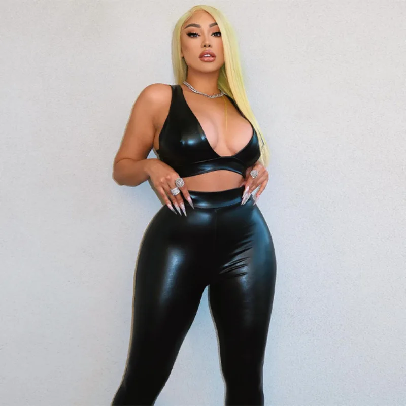 

2022 Sleeveless Hard Leather Eco Leather Bra Without Back Top Leggings 2pcs Set Autumn Winter Women