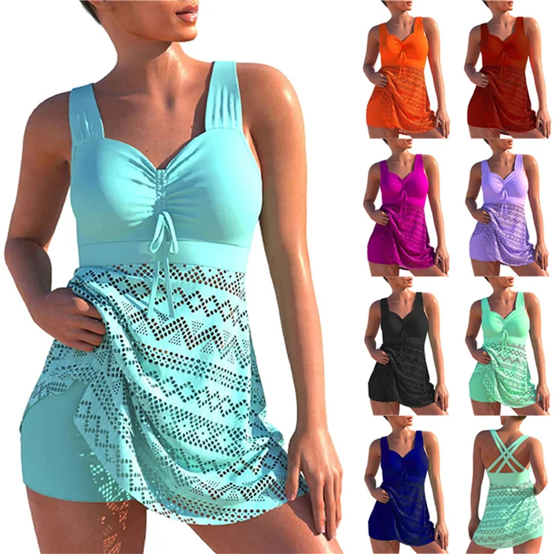 

Женский купальник из 2 предметов, однотонные Вязаные кружевные топы пуш-ап без рукавов с вырезами и бикини, купальники, S/M/L/XL/2XL