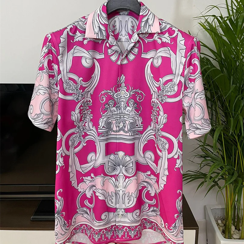 

Retro Court Pink Color Printing Shirt Men Short Sleeve Streetwear Summer New Hawaiian Casual Shirt Men High Street Chemise Homme