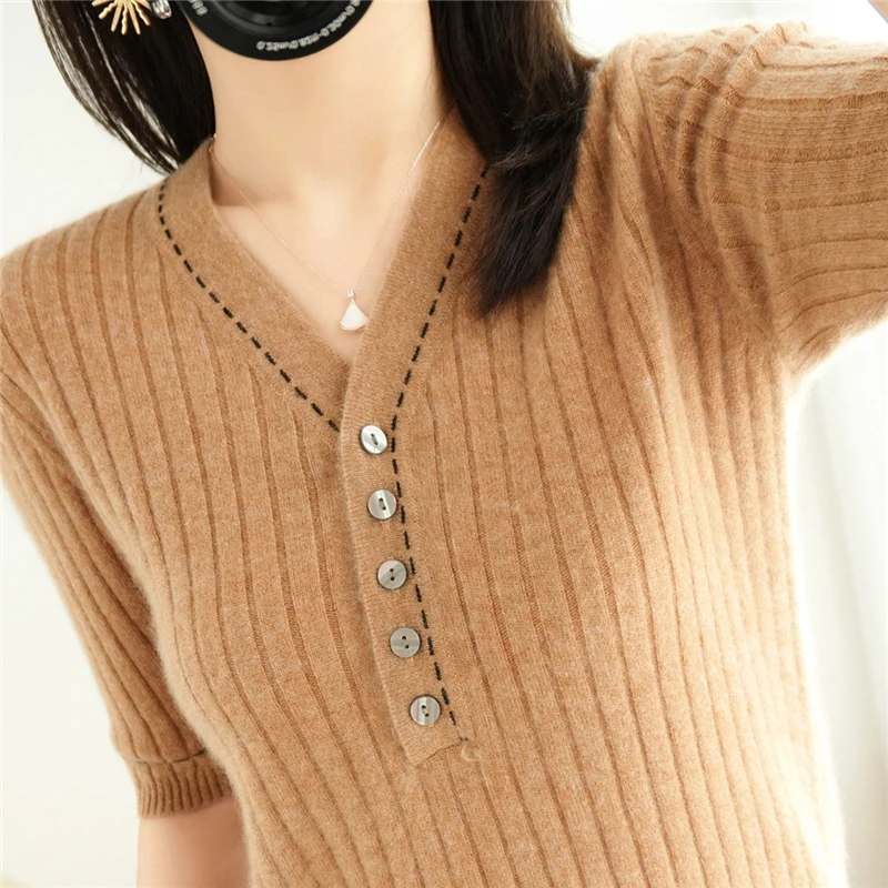 

Limiguyue V-neck Knitted Pullovers Chic Buttons Short Sleeve Sweater Vintage Women Summer Cotton Shirt Slim Outer Tops Causal