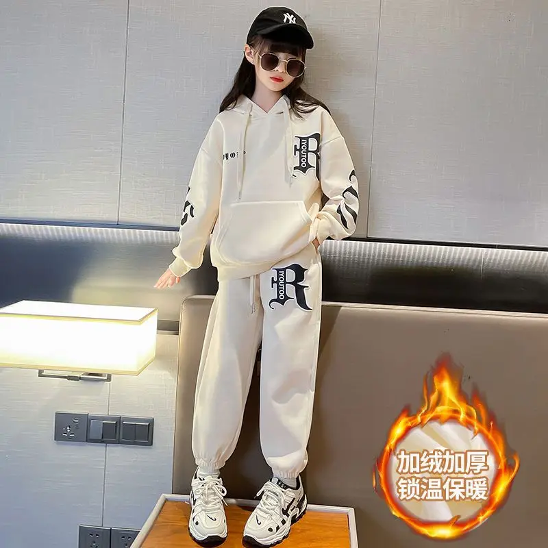 

Спортивный костюм для девочек, уличная одежда, Осенний теплый комплект из двух предметов, свитшот с длинным флисовым рукавом и надписями и штаны для девочек-подростков