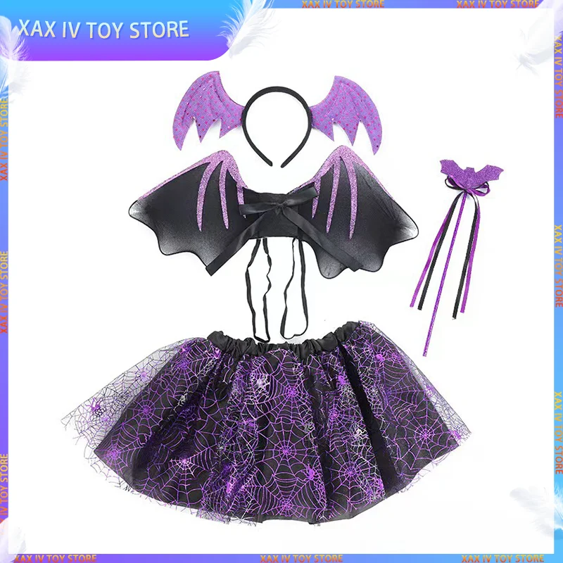 

2023 New Girl Halloween Costume For Children Witch Spider Web Tutu Skirt Wing Wand Kids Party Bat Dress Up Wizard Cosplay Outfit