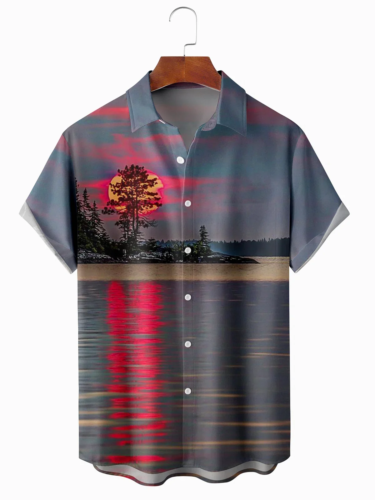 

Resort style Hawaiian series sunset gradient sky landscape pattern lapel short-sleeved shirt print top