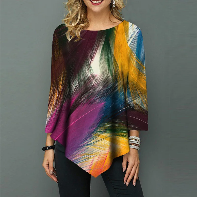 

Summer Vintage Print T-Shirt O Neck Long Sleeve Elegant Irregular Hem Tees Casual Retro Loose Designer Flower Party Blouse
