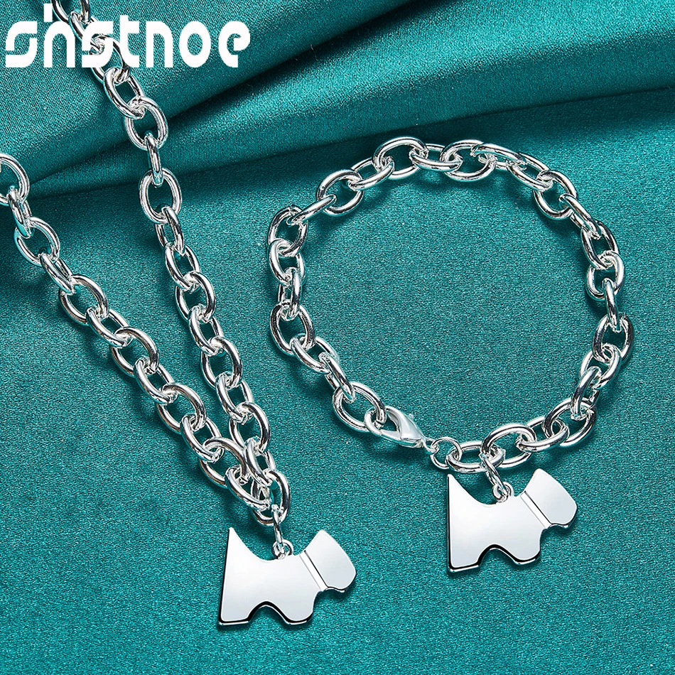

2pcs Fine 925 Sterling Silver Jewelry Sets Dog Tag Pendant Necklace Bracelets For Woman Bride Wedding Engagement Lady Party Gift