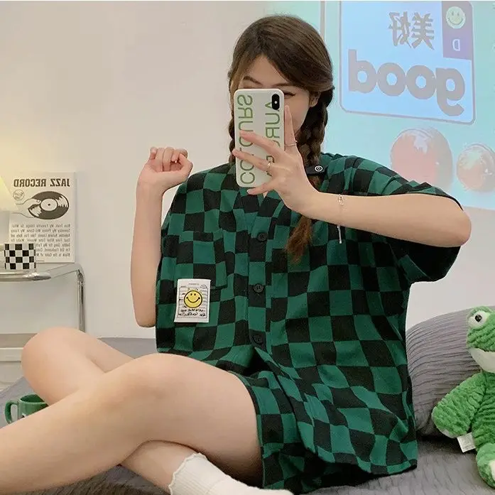 Yasuk Spring Summer Autumn Women's Casual Soft Cotton Simple Sleepwear Pajamas Set Long Short Pants Plaid Smile Sweet Girl 3Pc