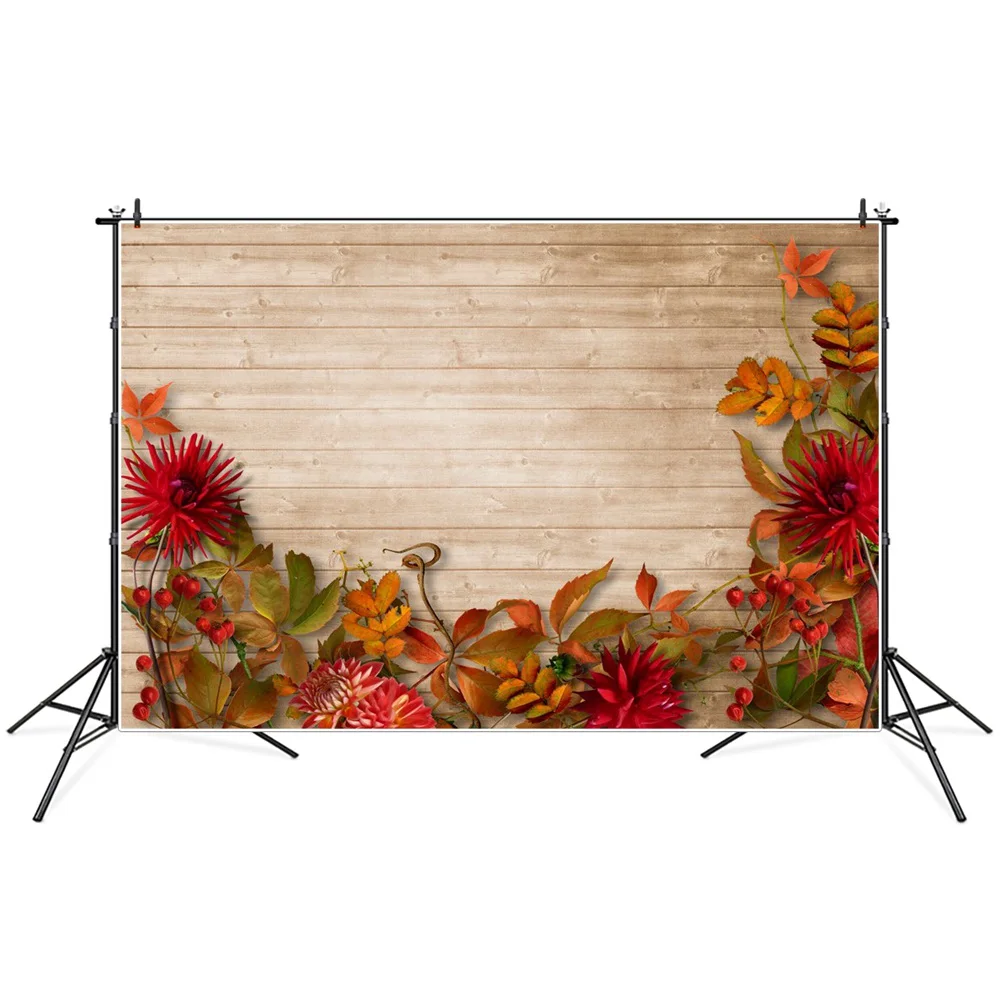 

Autumn Leaves Flowers Wooden Plank Photography Backdrops Custom Party Home Decoration Ins Studio Baby Food Pet Photo Backgrounds