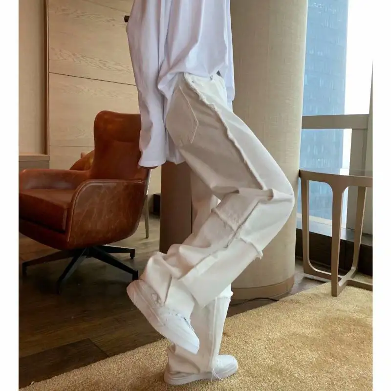 Men's Jeans 2022 New Style Stitching Raw Edge Design Straight-leg Jeans Men Mopping Loose White Denim Trousers Vintage Pants